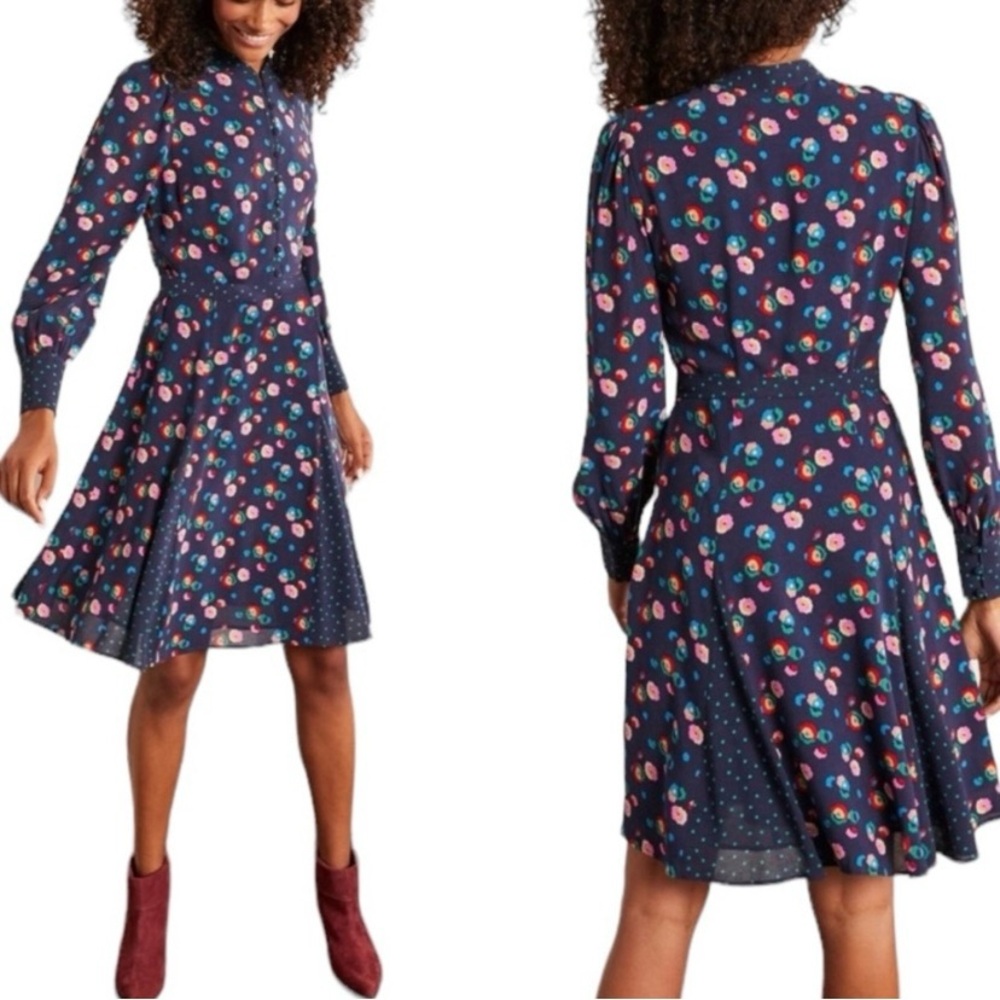 Boden Christina Billowy Peony Fit Flare Dress Long Sleeve Floral Navy Size 4